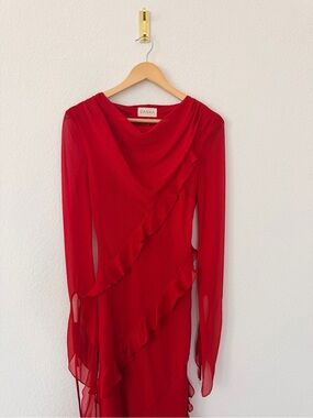 Daska Red Long-Sleeve Ruffle Midi Dress